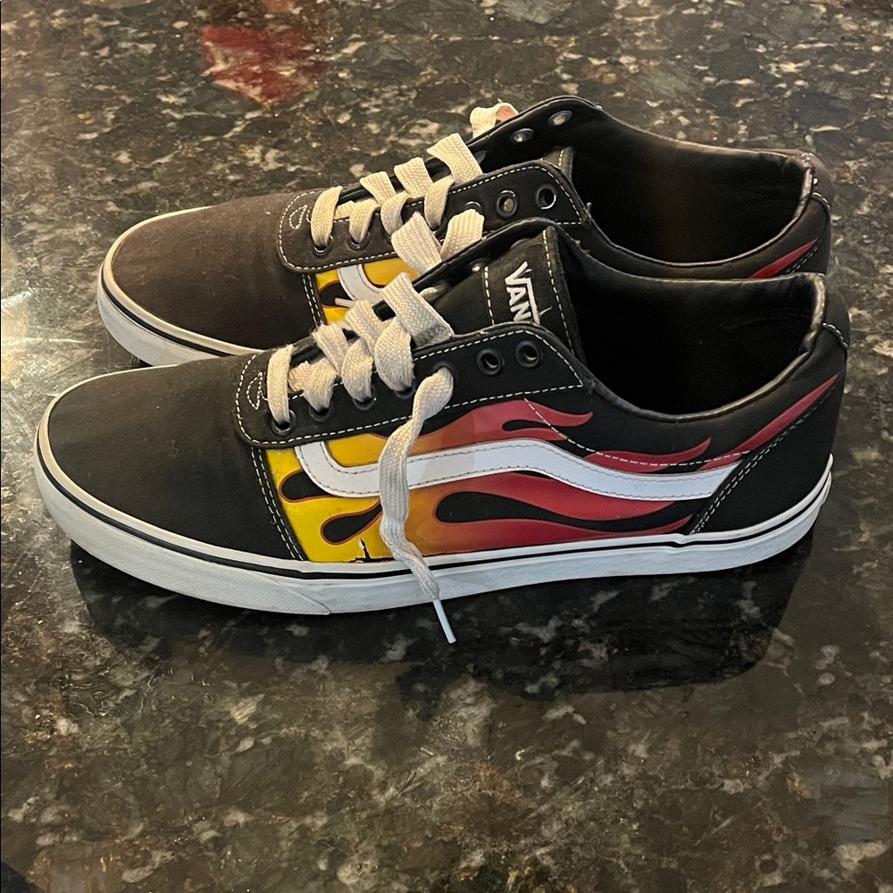Vans Men's Black and Red Flame Sneakers